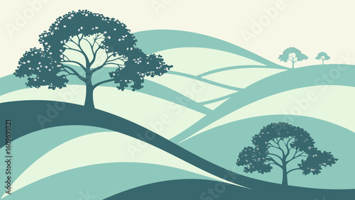 Stylized rolling hills with silhouetted trees under a pale sky