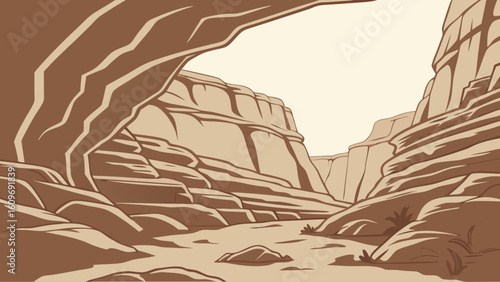 A stylized illustration of a desert canyon with a natural arch