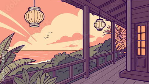 View from a porch overlooking the ocean at sunset