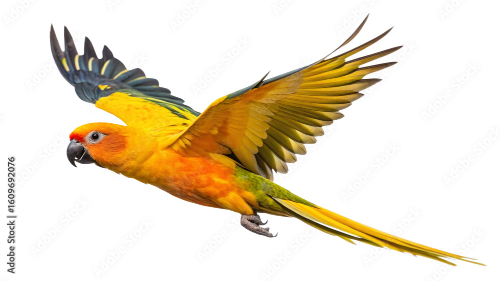 Fototapeta premium Sun conure parrot flying stock photo image of exotic bird pet wildlife nature animal tropical avian wings