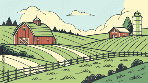 A charming farm with red barns and rolling green hills under a cloudy sky