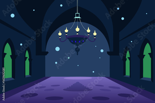 Empty Haunted Ballroom with a Grand Chandelier