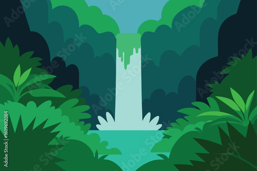 waterfall hidden in green jungle