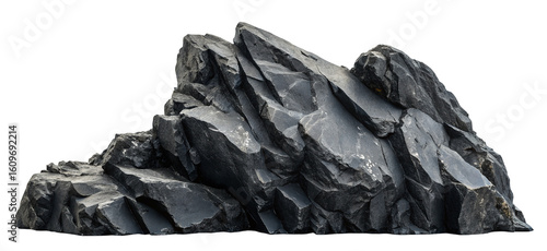 Majestic black rock formations with sharp edges and rugged texture isolated on black background