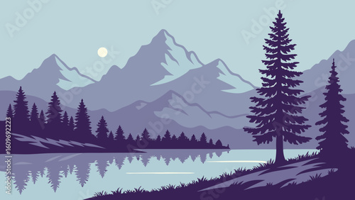 Serene mountain landscape with a calm lake at twilight