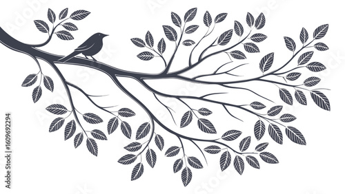 A lone bird perches on a stylized tree branch