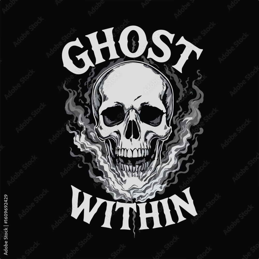 Fototapeta premium Eerie skull artwork with chilling smoke and bold text 