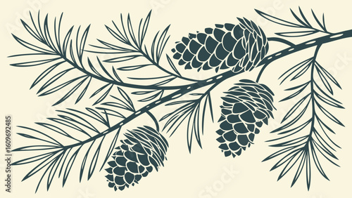 Pine branch with cones and needles in a vintage style