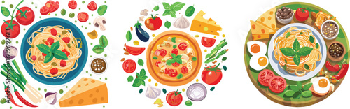 A vibrant illustration showcasing delicious Italian dishes, including pasta, pizza, and a hearty meal with eggs, surrounded by fresh ingredients like tomatoes, cheese, and basil.