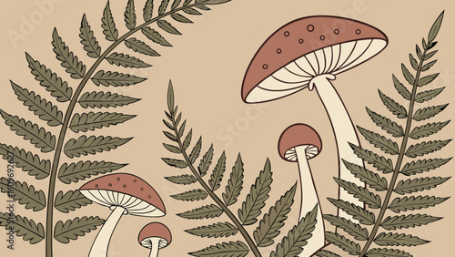 A closeup illustration of mushrooms and ferns in a forest