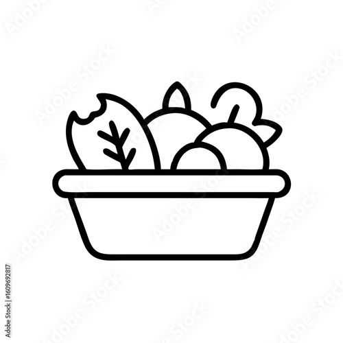 Monochrome vector icon of a basket filled with vegetables and fruits  