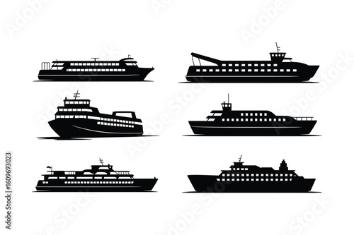 Multiple ferryboat silhouettes with multiple decks and windows ship watercraft