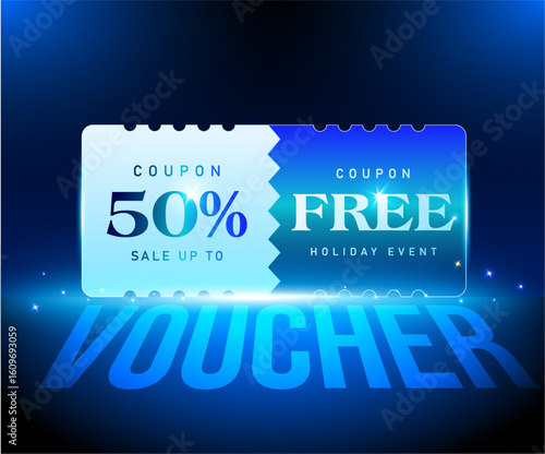 3d voucher with coupon code, percentage off, light reflection on the ground, isolated on dark background. Gift voucher banner template in 3d vector illustration. Vector illustration