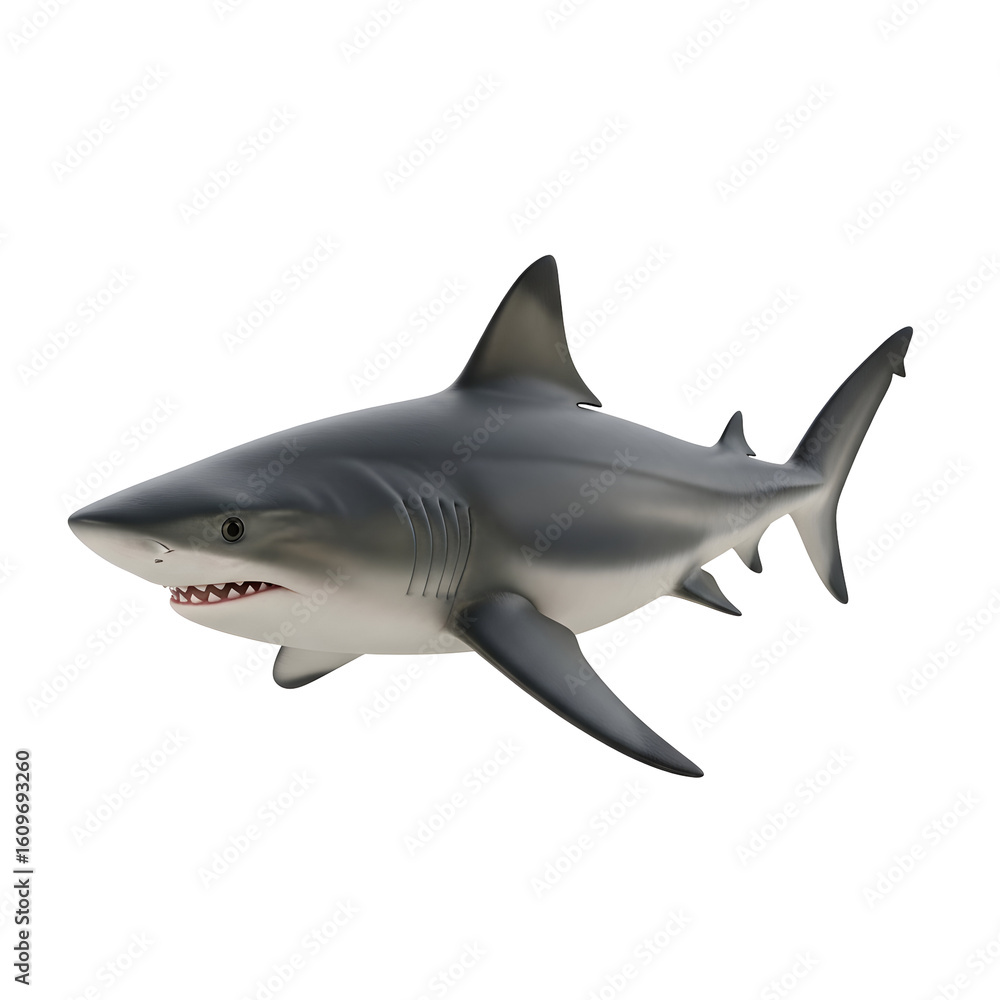 A grey shark with visible teeth swims against a white background, showcasing its streamlined body and fins. A grey shark with visible teeth swims against a white background, showcasing its streamlined body and fins.