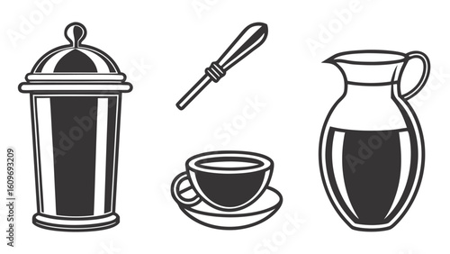 Unique Set of Fill Color Black Coffee Elements Simple silhouette icons of coffee pot cup