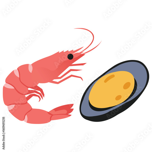 Shrimp seafood dish illustration, pink prawn with cooked seafood item served on plate in flat vector style ideal for restaurant menu and exotic culinary design


