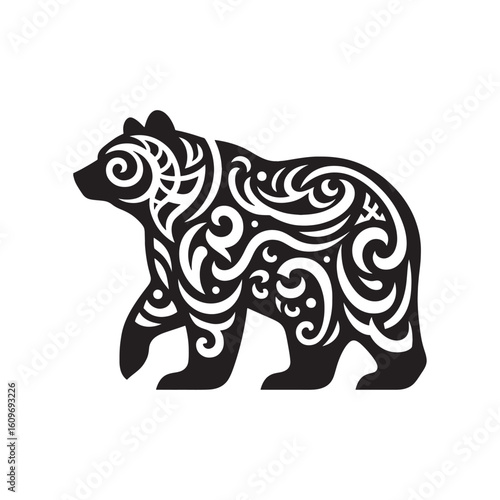 Wallpaper Mural Tribal Tattoo Style American Black Bear Silhouette with Flame Feather Details and Curved Lines in Black Vector Isolated on White Torontodigital.ca