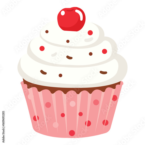 Cupcake dessert sweet treat, pink wrapper cupcake with white frosting cherry topping and sprinkles in flat vector cartoon style for bakery snack and party design

