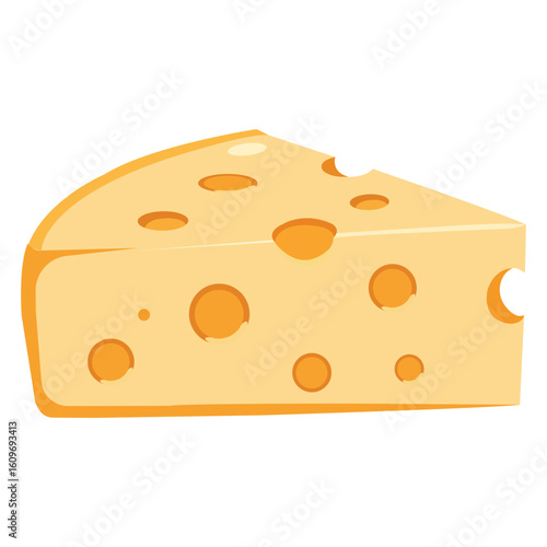 Cheese slice dairy product, yellow wedge with round holes in flat cartoon style ideal for snack food packaging cooking ingredients and culinary menu design

