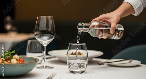 Elegant service at a fine dining restaurant, a waiter's hand pouring clear water into a glass on a set table