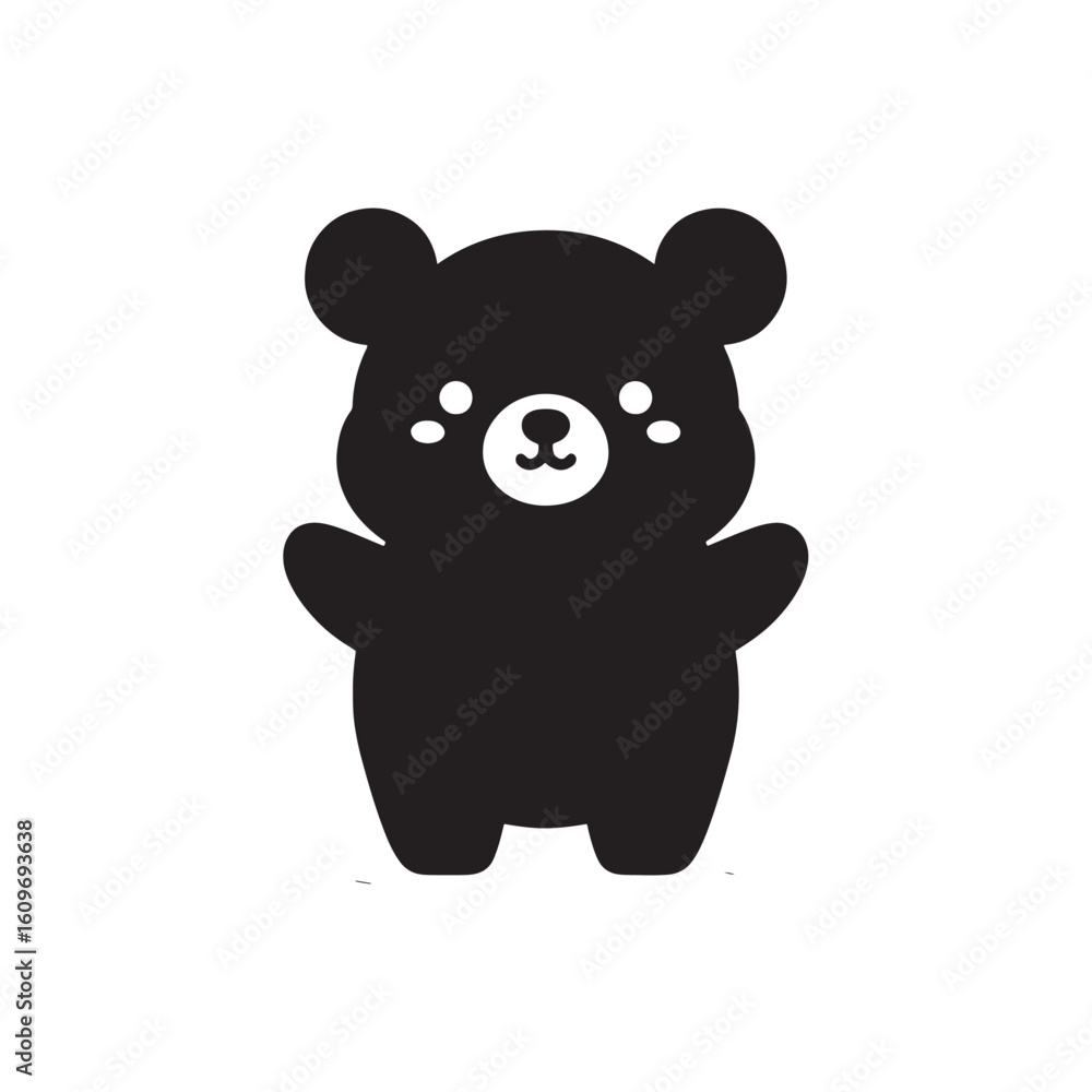 Fototapeta premium Adorable Baby American Black Bear Silhouette with Big Head and Chubby Body in Clean Black Vector Style Isolated on White Background