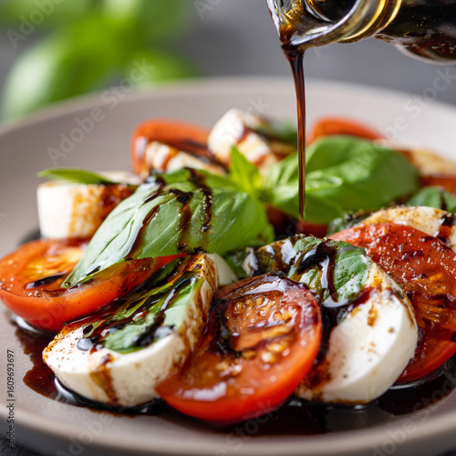 Close-up of balsamic glaze drizzling over a Caprese salad