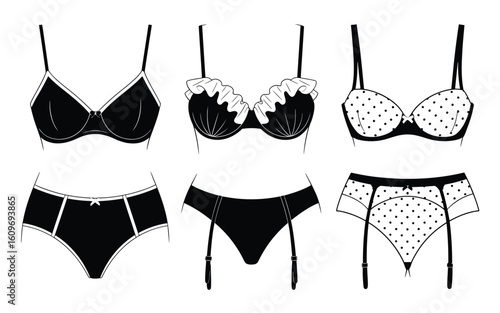 Women’s Lingerie Vector Set – Black & White Designs Featuring Bras, Panties & Garter Details