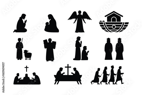 Religious figures and symbols in silhouette people