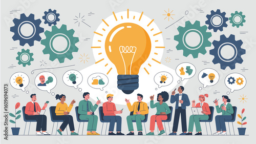 Group brainstorming session with light bulb and gears, symbolizing innovation, creativity, collaboration, and shared idea generation