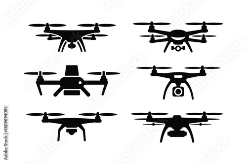 Quadcopter drone silhouettes with cameras and propellers aerial vehicle unmanned aerial vehicle