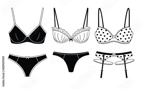 Women’s Lingerie Vector Set – Black & White Designs Featuring Bras, Panties & Garter Details