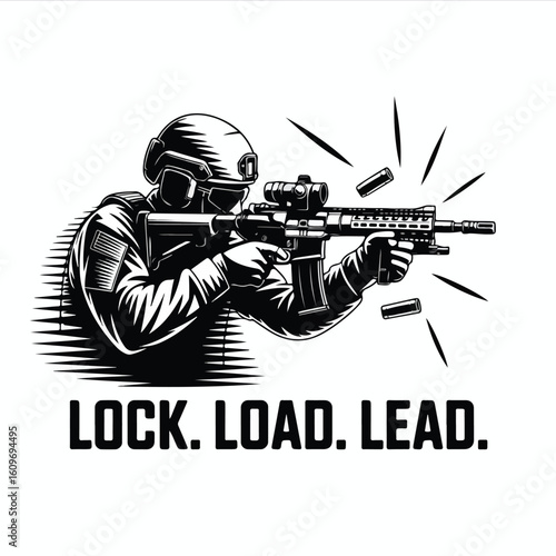 Tactical soldier fires rifle, depicted in action with ejected casings tshirt design