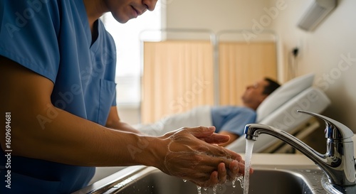 Healthcare professional washing hands under running water with patient in bed in the background in a hospital room setting.