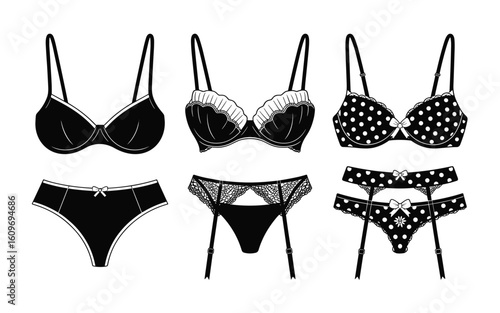 Women’s Lingerie Vector Set – Black & White Designs Featuring Bras, Panties & Garter Details