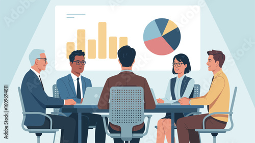  Business team meeting with bar and pie charts on presentation screen, professionals seated at table discussing data in modern office setting