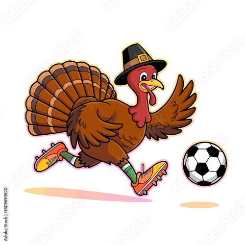 A cartoon turkey wearing a pilgrim hat and cleats runs with a soccer ball