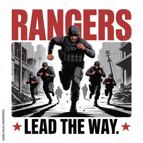 Elite rangers charge forward leading the mission in urban combat zone tshirt design