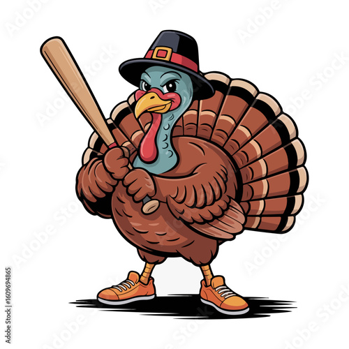 A cartoon turkey wearing a pilgrim hat and sneakers plays baseball with a bat and ball
