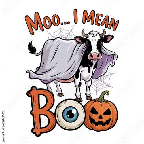 A cow dressed as a ghost for halloween says moo i mean boo with a pumpkin
