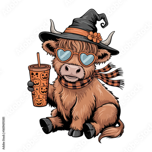 A cute highland cow dressed as a witch, holding a pumpkin drink and wearing heart sunglasses