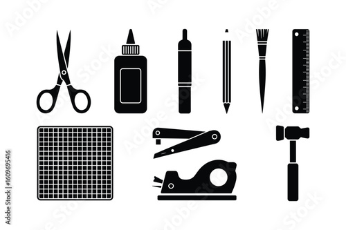 Scissors glue bottle marker pencil brush ruler grid stapler tape dispenser hammer