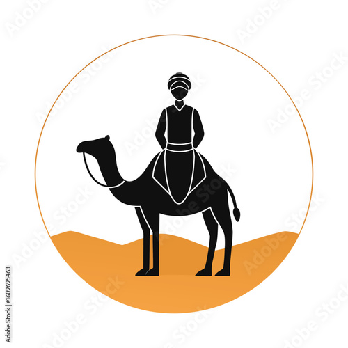 Silhouette of a man in a turban riding a camel in the desert