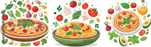 A vibrant illustration showcasing delicious Italian dishes like pizza and pasta, surrounded by fresh ingredients such as tomatoes, basil, garlic, and avocado.