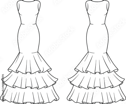 Cad drawing flat vector illustration of mermaid dress, strapless gown sketch, sweetheart neckline, ruffle skirt, fashion line art