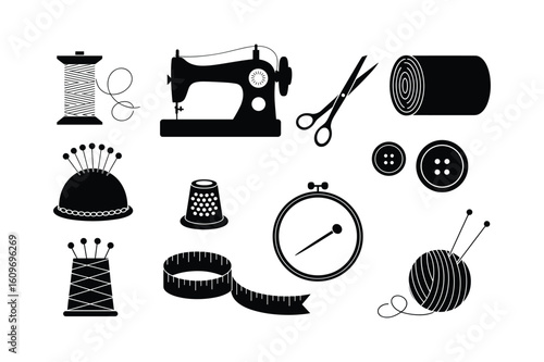 Sewing machine thread scissors thimble buttons measuring tape yarn ball vector