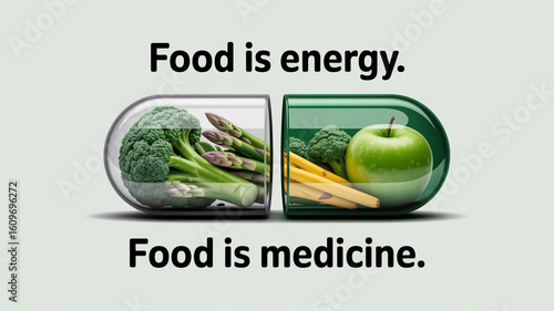 Fototapeta Naklejka Na Ścianę i Meble -  A digital illustration of a transparent capsule pill filled with fresh green vegetables and fruits.