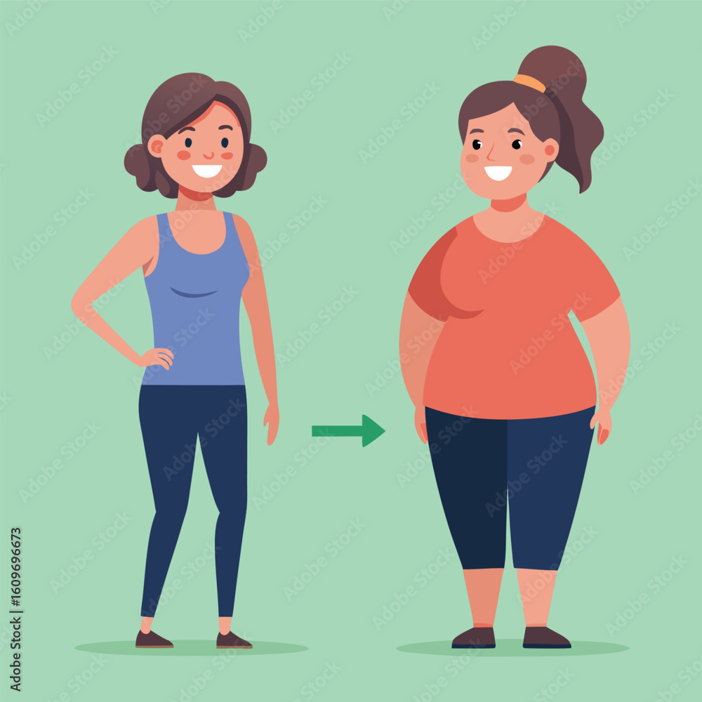 Fototapeta premium Weight Loss Transformation Before and After Illustration of a Woman