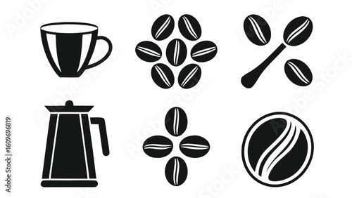 Unique Set of Fill Color Black Coffee Elements Simple silhouette icons of coffee pot cup