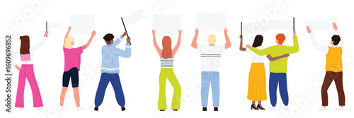 Diverse group of people standing together holding blank signs and flags, presumably at a peaceful demonstration or rally. The crowd represents unity and advocacy for a common cause or social issue.