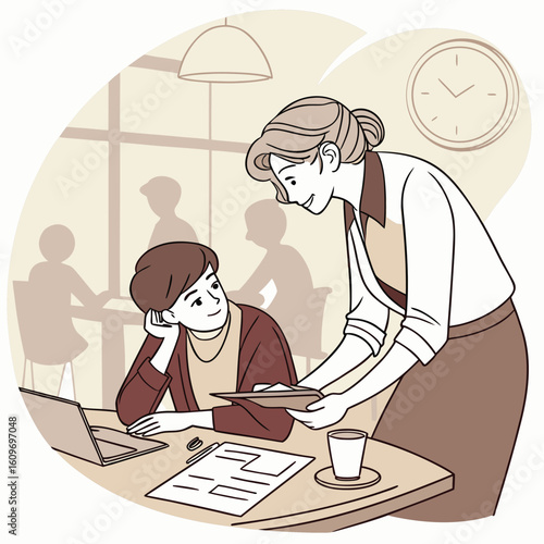 Mentor guiding young entrepreneur at cafe with papers and digital devices for business growth and collaboration